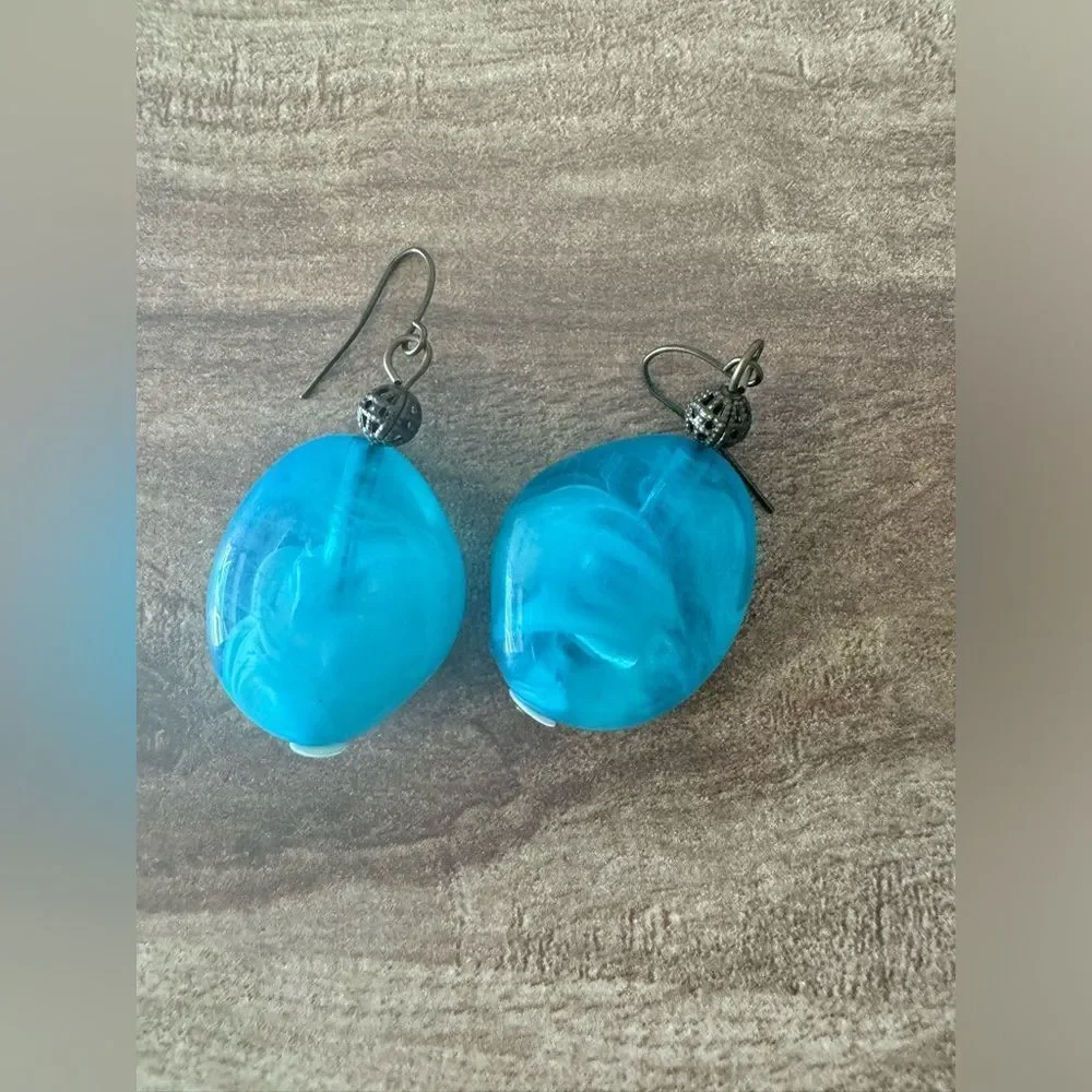 Vintage Dangle Drop Earrings Ocean Blue Wave Oval Glass Crystal 70s Modern Bold